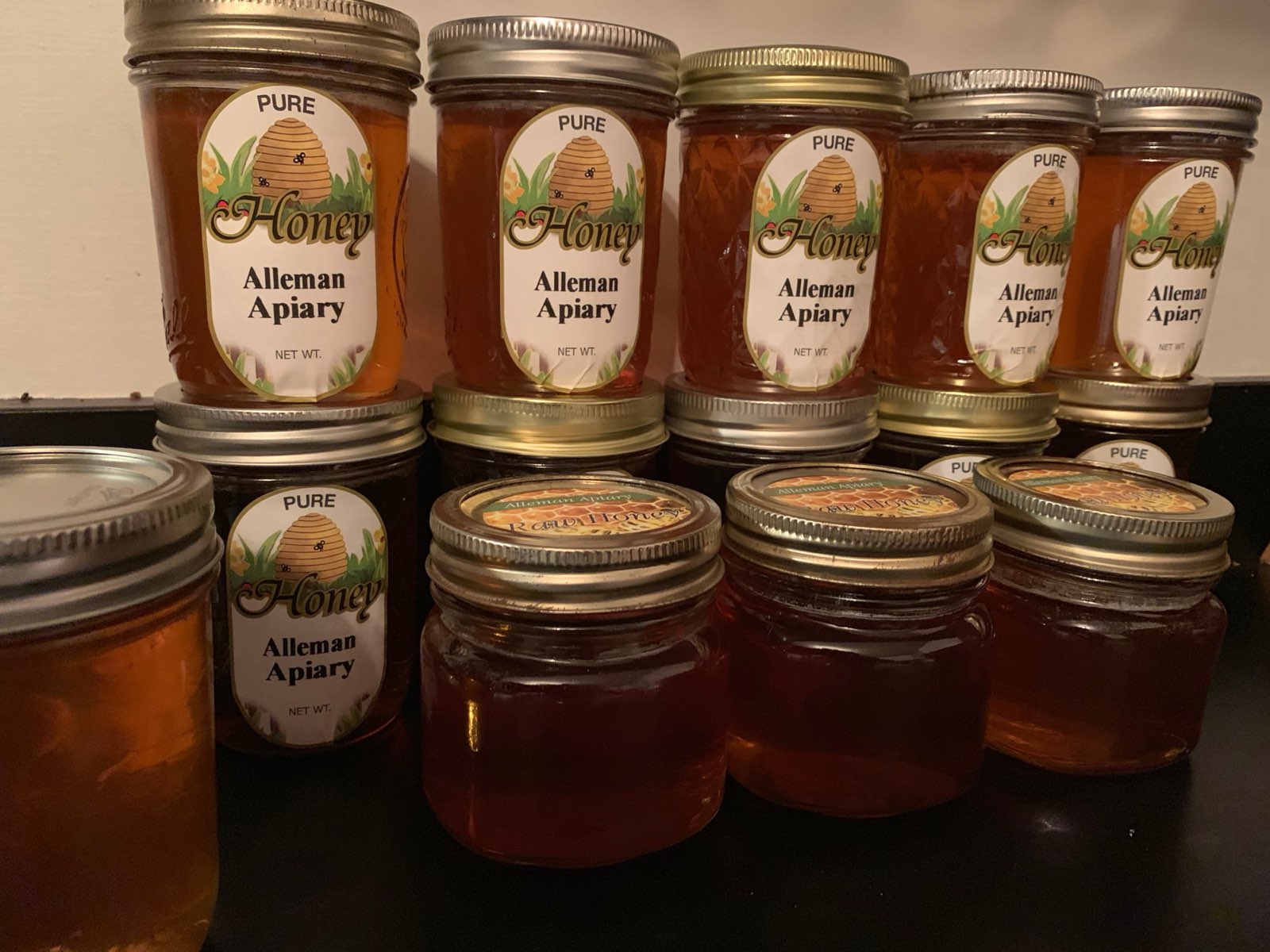 Alleman Apiary honey in several shades in Central PA