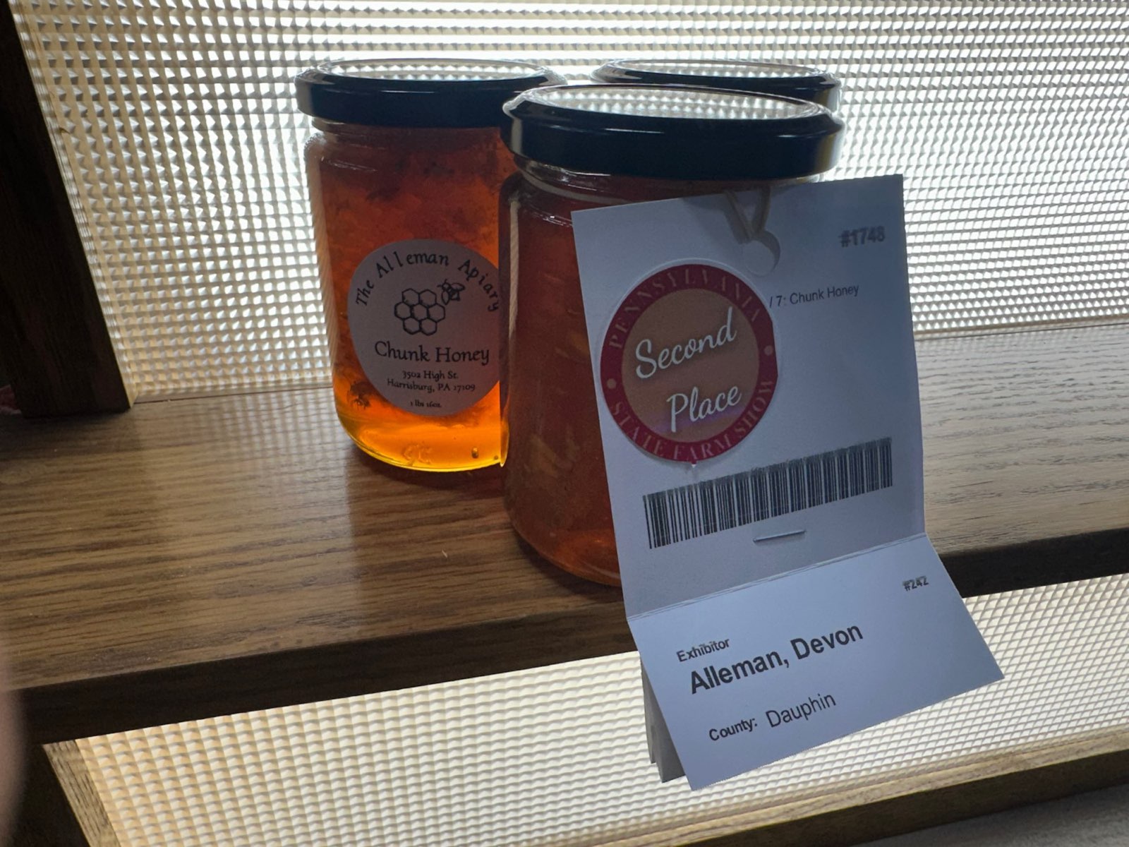An Alleman Apiary honey entry awarded second place at the PA Farm Show in Central PA